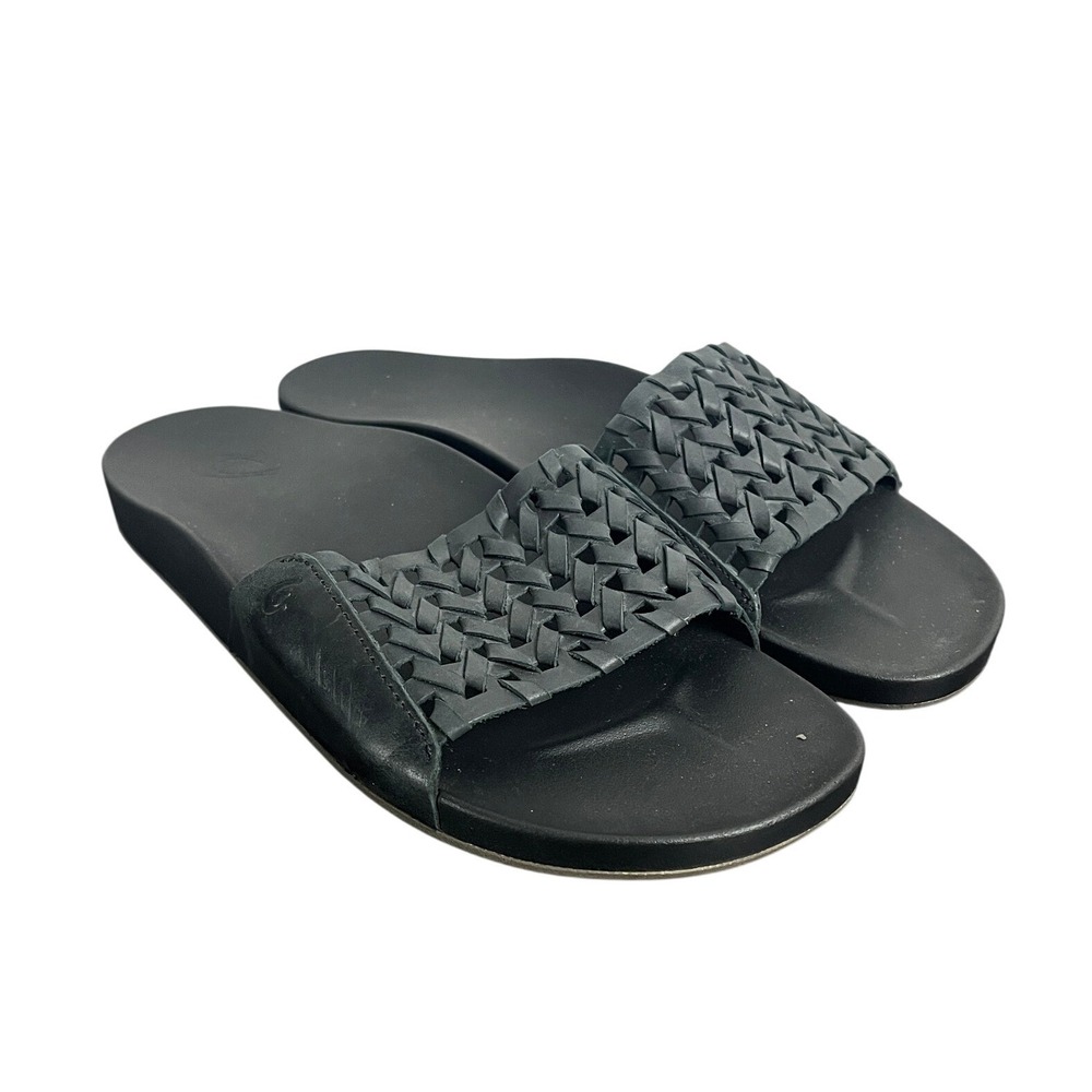 OLUKAI Kamola Women's Slide Black Sandals Womens Size 10 Flat Woven Leather